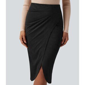 Halara Ruched Split Hem Midi Skirt Sz Small Womens Black Bodycon Casual Soft